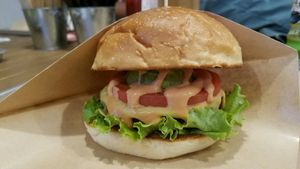 cheese burger made I'd mushroom and soy base at Ain Soph.Ripple Kabukicho in Tokyo