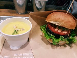 Burger and corn soup at Ain Soph.Ripple Kabukicho in Tokyo