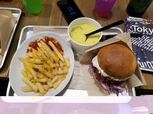 chicken burger, cheese fries and soup! at Ain Soph.Ripple Kabukicho in Tokyo