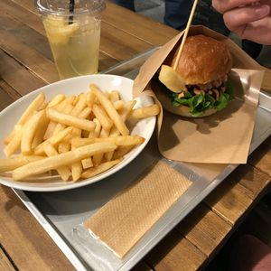 Ripple burger with fries  at Ain Soph.Ripple Kabukicho in Tokyo
