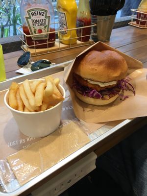 Soy burger with tartar sauce and cabbage with fries  at Ain Soph.Ripple Kabukicho in Tokyo