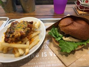 Chili cheese fries and falafel burger at Ain Soph.Ripple Kabukicho in Tokyo