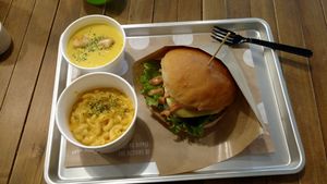 Burger with mac and cheese and corn chowder at Ain Soph.Ripple Kabukicho in Tokyo