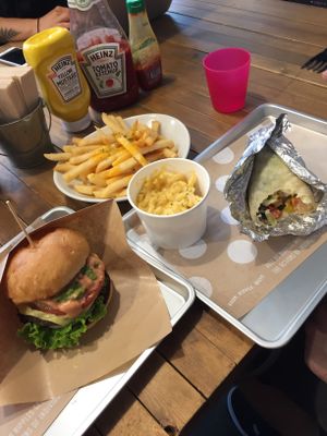 Burger, cheese fries, Mac n cheese and burrito. Soooo yum at Ain Soph.Ripple Kabukicho in Tokyo