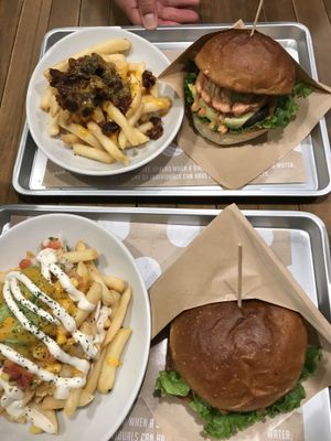 Vegan cheeseburgers with loaded fries and chili cheese fries at Ain Soph.Ripple Kabukicho in Tokyo