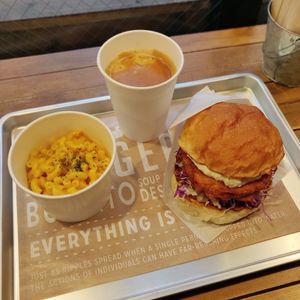 Crispy chicken burger, mac n cheese, and coffee (can ask for soy milk). at Ain Soph.Ripple Kabukicho in Tokyo