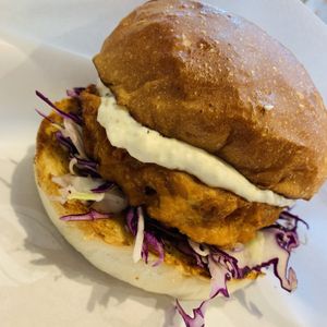 “Chicken” burger, the creamy sauce was delicious  at Ain Soph.Ripple Kabukicho in Tokyo