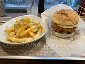 Chicken burguer and fries with cheese at Ain Soph.Ripple Kabukicho in Tokyo