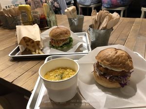 Chicken sandwich with Mac, ripple cheeseburger with fries  at Ain Soph.Ripple Kabukicho in Tokyo