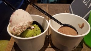 strawberry ice cream, matcha adzuki bean ice cream, gluten-free chocolate brownie? ice cream. photo taken in june. at Ain Soph.Ripple Kabukicho in Tokyo