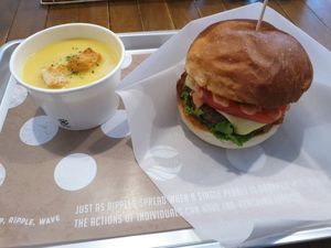 burger set with corn soup at Ain Soph.Ripple Kabukicho in Tokyo