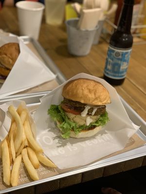 Falafel burger and fries at Ain Soph.Ripple Kabukicho in Tokyo