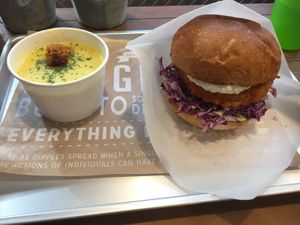Soy chicken burger and soup  at Ain Soph.Ripple Kabukicho in Tokyo