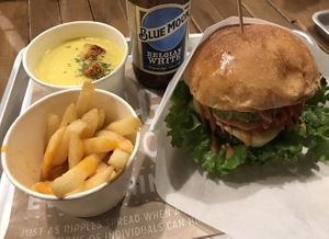 Beef burger, chips, corn soup & beer at Ain Soph.Ripple Kabukicho in Tokyo