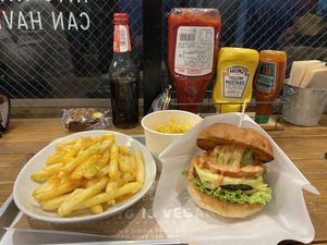 Vegan cheeseburger, mac n cheese, cheesy fries at Ain Soph.Ripple Kabukicho in Tokyo