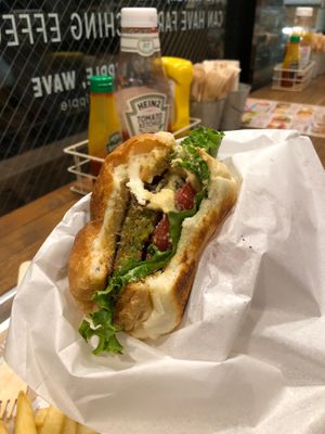Inside of the Falafel burger at Ain Soph.Ripple Kabukicho in Tokyo