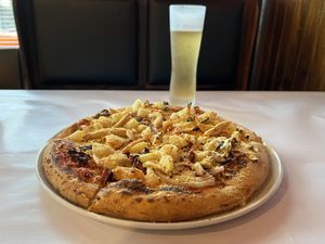 Vegan pizza with vegan chicken. at Ottimo Ristorante Italiano in Hobart