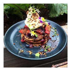 BUCKWHEAT PANCAKES
Fluffy gluten free buckwheat pancakes stacked with chia berrie jam, toasted nuts & seeds, fresh strawberries and cocohwhip with a drizzle of pure maple syrup. at Island Whole Foods in Cowes