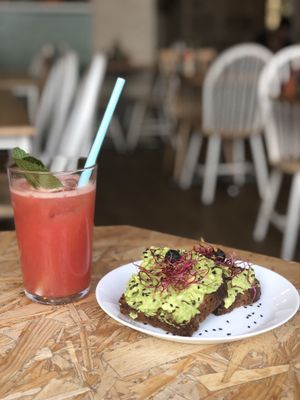 Avo on toast and watermelon juice  at Paper Plane in Nice