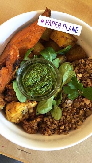 Vegan plate with sweet potatoes and quinoa at Paper Plane in Nice