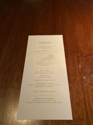 Menu as at May 2022  at Farang in Stockholm