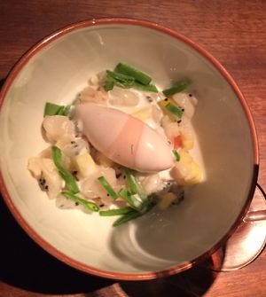 vanilla coconut stock, peach pineapple sorbet at Farang in Stockholm