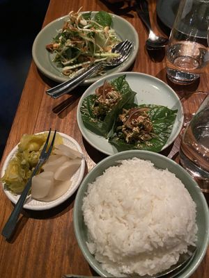 Mango salad and tempeh dish + pickles and rice   at Farang in Stockholm