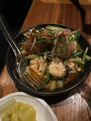 Morning glory with two types of silken tofu   at Farang in Stockholm