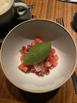 Dessert - caffeine free oat cappuccino and mint sorbet with watermelon and pomegranate   at Farang in Stockholm