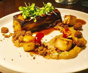 Aubergine Cuisson Sous Vide, Miso, Shiitake & Granola ! at 25 Quarter in Gustavia