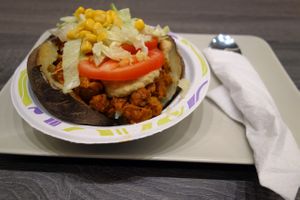 Vegan baked potato with soy, chickpea sauce and salad (no. 7).

Very tasty :) at The Lord in Dusseldorf