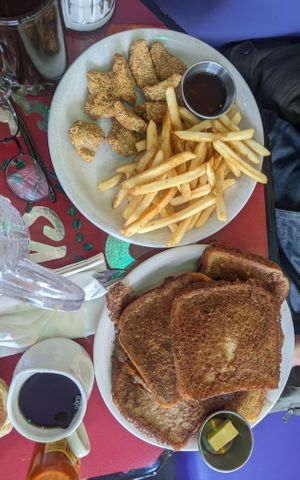 french toast. fish n chips at Pick Me Up Cafe in Chicago
