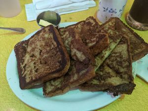 Vegan french toast with vegan butter at Pick Me Up Cafe in Chicago