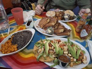 Vegan Tostadas, Vegan Frenchtoast, Vegan Chorizo Potatoe Scramble in the back at Pick Me Up Cafe in Chicago