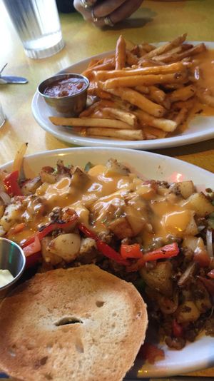 Vegan cheese fries and chorizo scramble with a bagel 😍 at Pick Me Up Cafe in Chicago