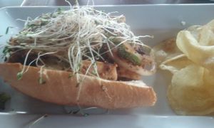 Tofu sandwich. Make vegan by holding mayo and cheese (or ask for vegan cheese) at Mellow Mushroom  in Newport News