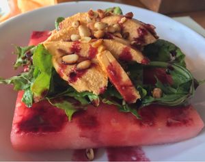 Chilled watermelon salad with almond cheese and arugula. at Mito  in Zihuatanejo