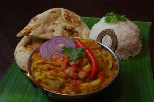 Baingan Ka Bharta: Curry from flame roasted Aubergines, with red onions, garlic, ginger and tomatoes. Vegan. at Dabbawalas in Basel