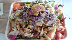 Crispy vegan mac on salad at Organically Twisted in Naples