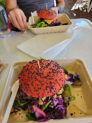 Black Bean Burger with a spicy tomatillo sauce! Get in my mouth!!!!!! at Organically Twisted in Naples