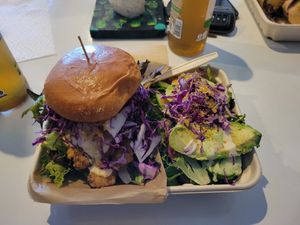 White bean burger with tempeh bacon... get in my mouth!!! at Organically Twisted in Naples