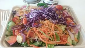 Raw kelp noodle bowl from Organically Twisted Food Truck's shop. Lots of colorful veggies. It had mixed greens, raw kelp noodles, cucumbers, cherry tomatoes, sesame seeds, watermelon radish, purple cabbage, and colorful carrots (orange, purple, and yellow) in a sweet-spicy ginger sauce. at Organically Twisted in Naples