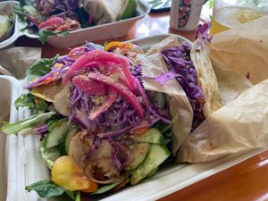 Walnut Meat Taco and a Salad with garlic dressing and topped with an artichoke burger (off menu?) - fantastic! at Organically Twisted in Naples