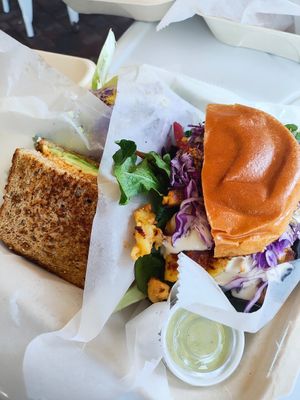 OT's Grilled Sandwich & super yummy Black Jack Mac Attack Burger - they split them for us! at Organically Twisted in Naples