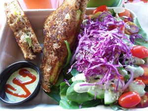 Grilled sandwich with nut cheeze and avocado. Comes with side salad. I got vegan dressing which is available upon request. Spiciness is optional. at Organically Twisted in Naples