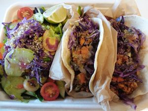 Tacos Gone Nutz (vegan tacos). Asked for vegan dressing for side salad. at Organically Twisted in Naples