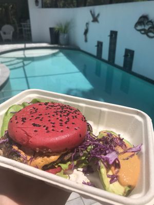 Vegan house made burger with beet bun at Organically Twisted in Naples