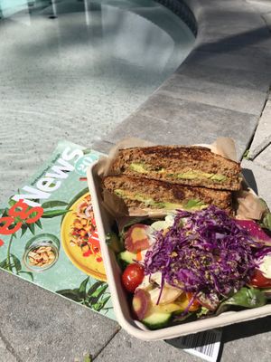 Avocado and nut cheese sandwich with side salad at Organically Twisted in Naples
