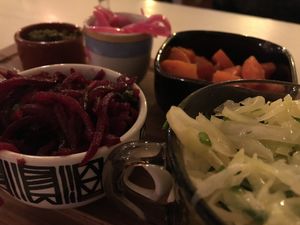 Pickle selection with hummus plates at D&A Hummus Bistro - Westerstraat in Amsterdam