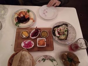 Hummus fest! Hummus with roasted veggies and lots of toppings. , falafel and eggplant  at D&A Hummus Bistro - Westerstraat in Amsterdam